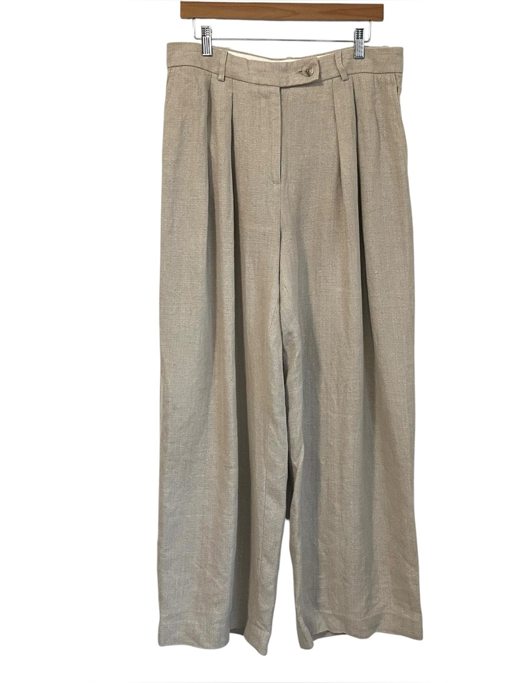 REISS Womens Linen Wide Leg Trousers Sz 14R Beige Pants Business Casual Preppy